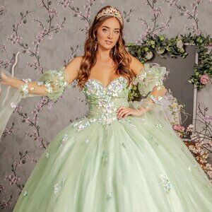 New Strapless Mesh Quinceanera Gown w/Sweetheart Neck & Floral Embroidery GL3300